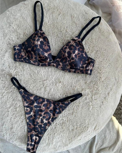 Leopard Print Wireless Lingerie Set – Soft Triangle Bra & High Leg Panties
