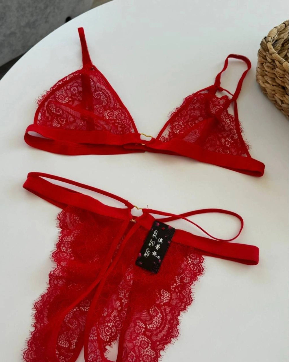 Open Crotch Lace Lingerie Set – Sheer Bralette & Crotchless Panties | Erotic Women's Underwear | One Size | Black, Red & Green