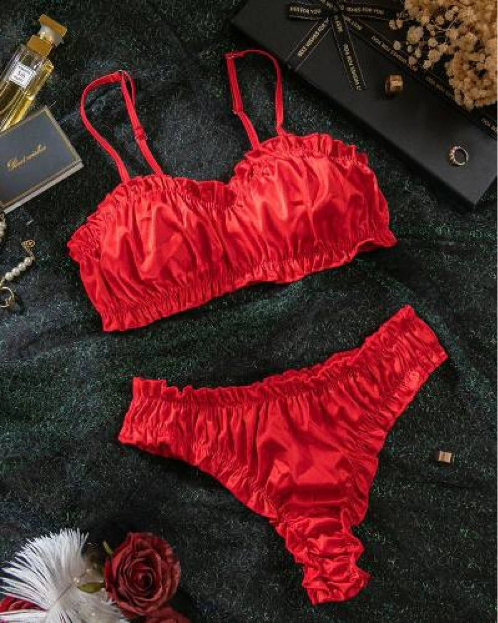 Silky Satin Lingerie Set with Triangle Bra & Thong – Soft Wireless Women's Underwear | Black, Red & Chocolate | Sizes S–L