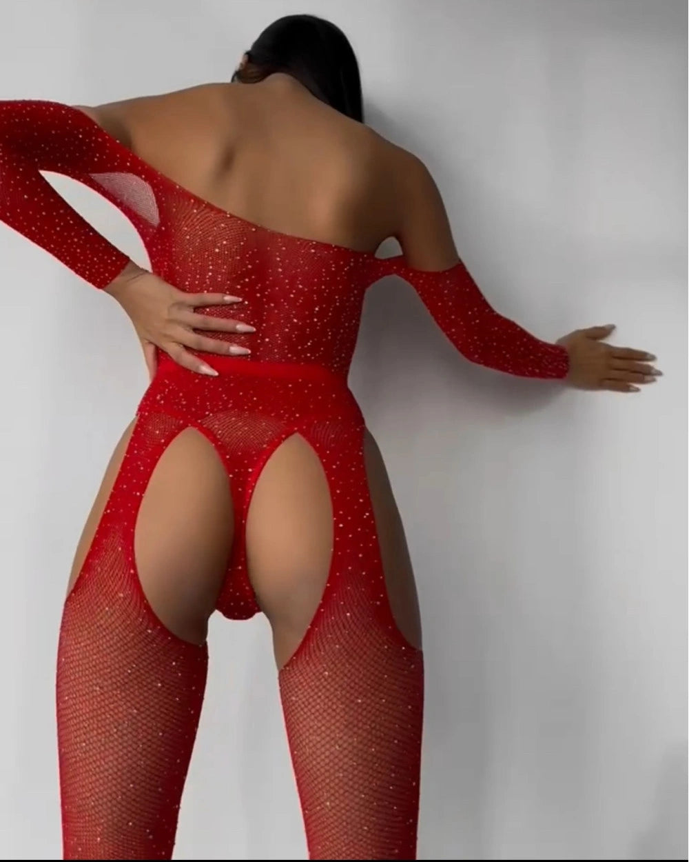 Black Rhinestone Fishnet Bodystocking with Long Sleeves & Open Cut-Out Design
