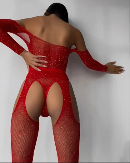Black Rhinestone Fishnet Bodystocking with Long Sleeves & Open Cut-Out Design
