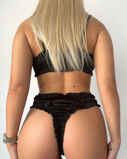 Silky Satin Lingerie Set with Triangle Bra & Thong – Soft Wireless Women's Underwear | Black, Red & Chocolate | Sizes S–L