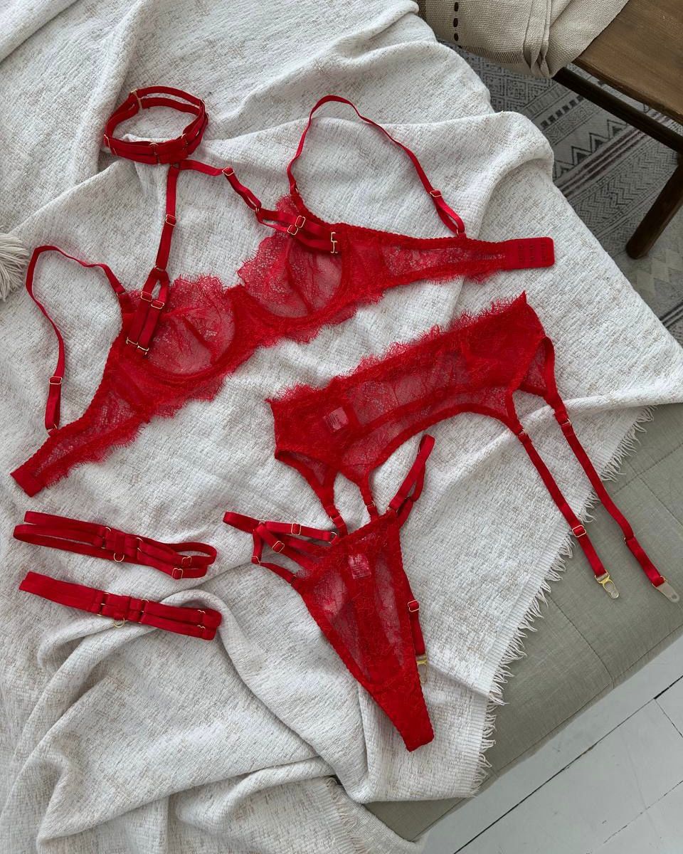 Red Lace Lingerie Set with Choker, Garter Belt & Thong – 5 Piece Sheer Underwire Bra Set