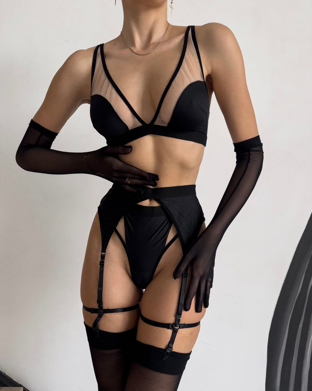 Seductive Sheer Mesh Lingerie Set with Gloves & High-Waist Thong – Black Bralette for Women