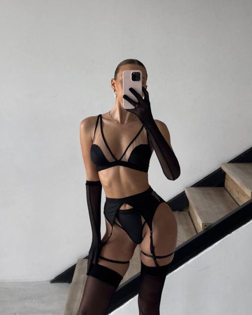 Seductive Sheer Mesh Lingerie Set with Gloves & High-Waist Thong – Black Bralette for Women