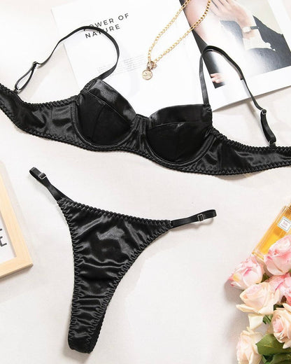 Silky Satin Lingerie Set with Thong – Soft Wireless Triangle Bra for Women | Black, Blue, Red & Ivory | Sizes S–L