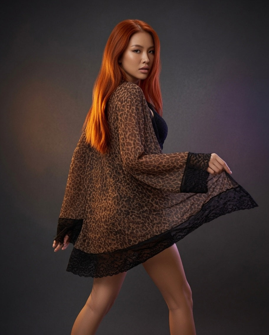 Leopard Print Lace Babydoll Set with Robe & Panties – Luxury Women's Nightwear