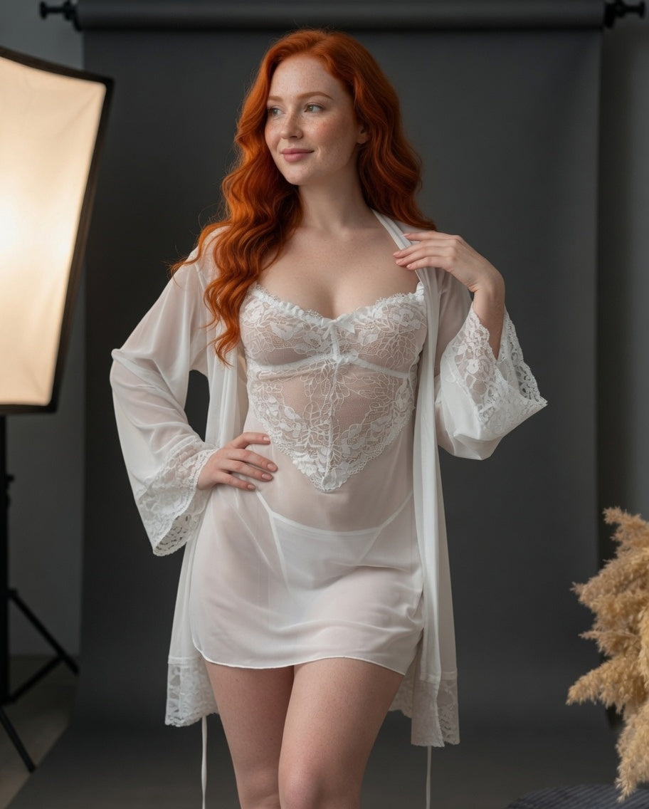 White Lace Babydoll Set with Robe & Panties – Elegant Sheer Lingerie for Women
