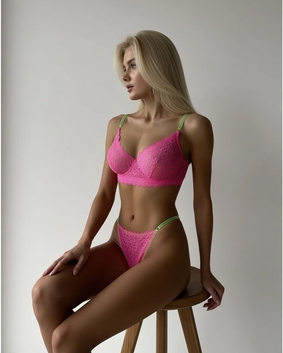 Pink Lace Lingerie Set with Thong Panties | Soft Lace Bra | Romantic Women's Underwear | Elegant Bridal Lingerie | Sizes S–L