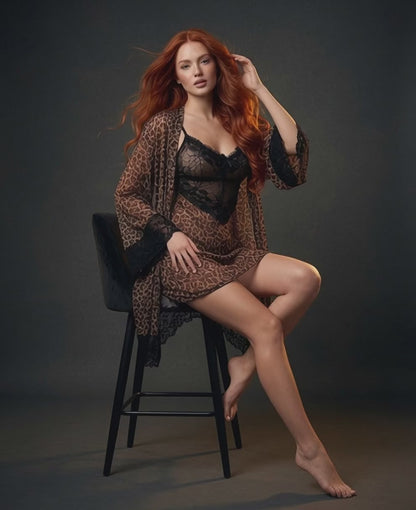 Leopard Print Lace Babydoll Set with Robe & Panties – Luxury Women's Nightwear