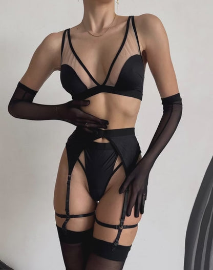 Seductive Sheer Mesh Lingerie Set with Gloves & High-Waist Thong – Black Bralette for Women