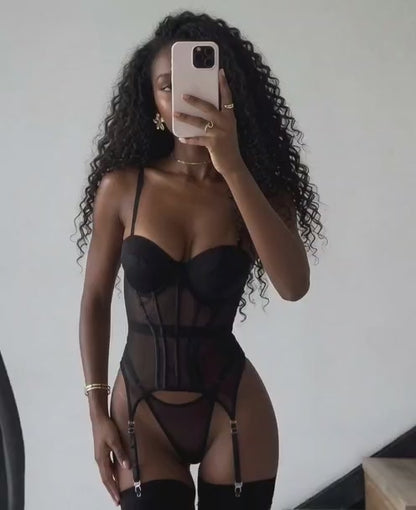 Schwarzes Mesh-Korsett-Dessous-Set mit Beinstrapse & Tanga